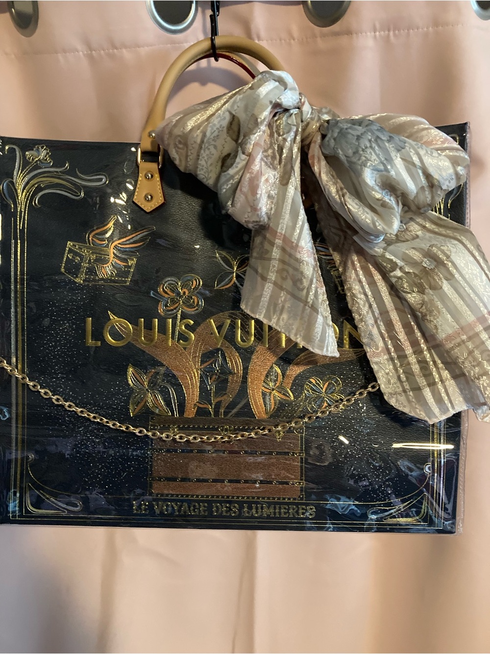 Louis Vuitton custom  blue Tote with Gold Graphic and Decorative Scarf
